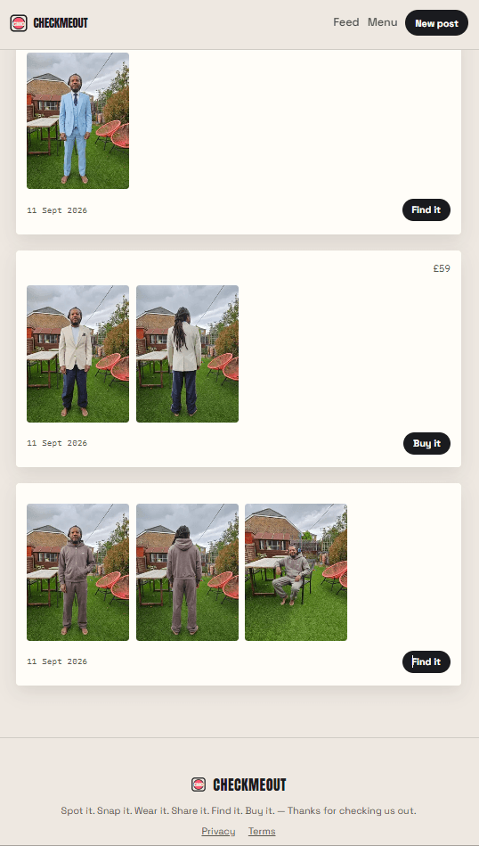 Three CheckMeOut feed posts — a suit, a blazer, and a tracksuit — all tried on using the same front/back/seated reference photos